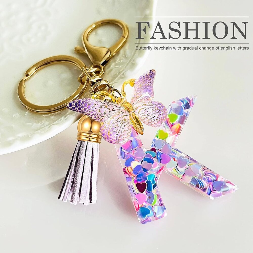 Initial letter Keychains for Women Tassel Butterfly Pink Purple Cute Car Keychai - Picture 2 of 6